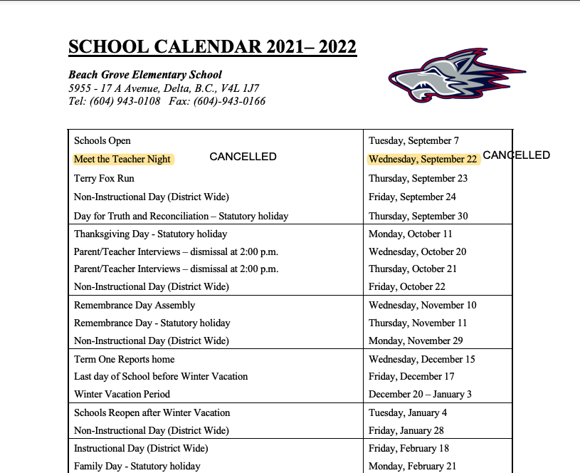 School Year Calendar - Beach Grove Elementary